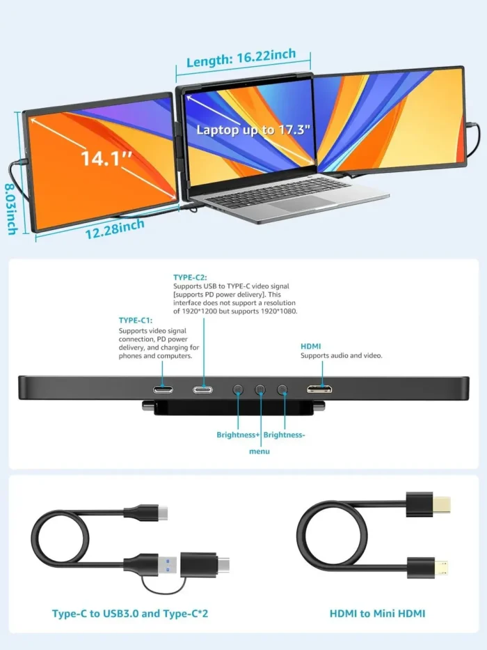 Dopesplay 14.1" Triple Portable Monitor For Laptop 1200P FHD IPS Screen Extender Type-C USB For PC Switch Mac Up to 17.3 Laptop - Image 6