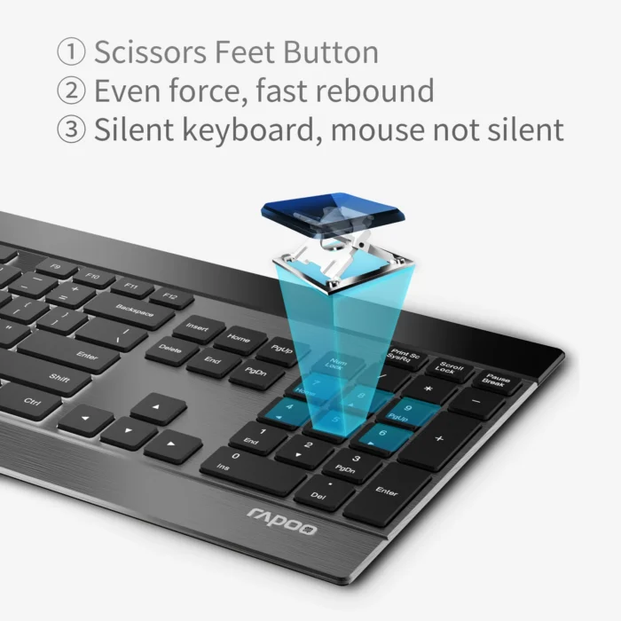 Rapoo Multi-mode Wireless Keyboard and Mouse Combo Extremely Thin Metal Keyboard Rechargeable Mouse Easy-Connect Up to 4 Device - Image 3
