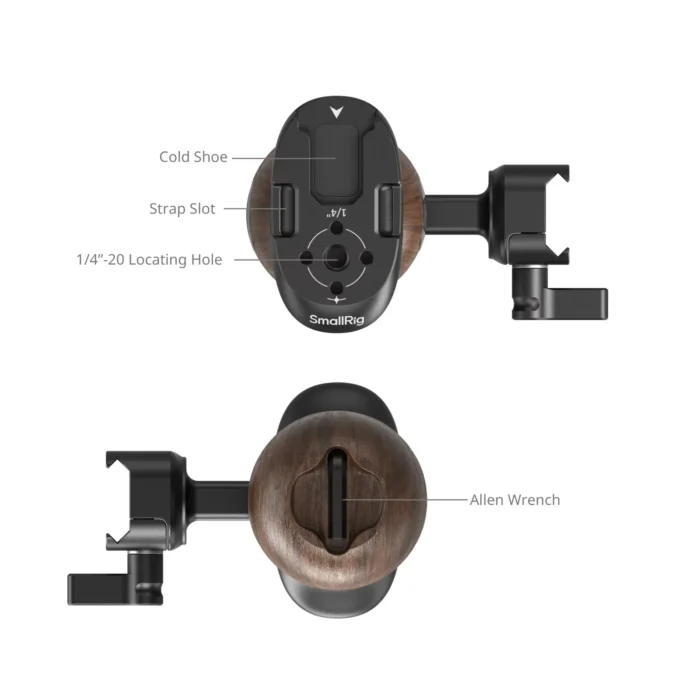 SmallRig Wooden Side Handle with 1/4"-20 Screws, Grip for Cages or Mounting Plates, with Cold Shoe for Mics Monitor Arms
