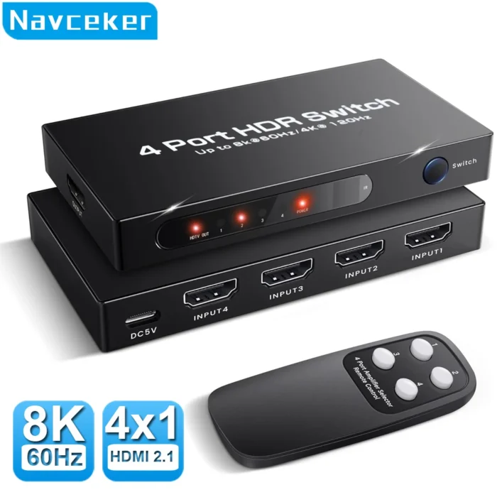 Navceker HDMI 2.1 Switcher 8K 60Hz 4K120Hz HDMI-compatible Switch 4 in 1 Out with Remote Control Converter For Xbox PS5 Monitors