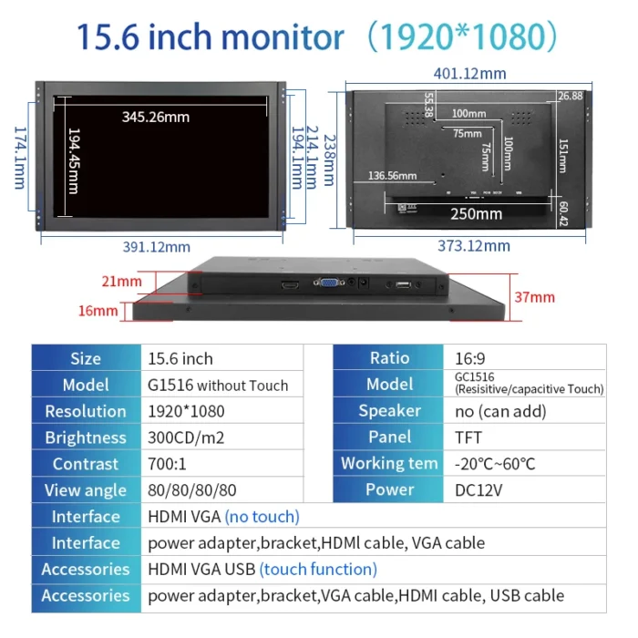 Zhixianda 15.6 Inch 1920*1080 Industrial Grade Touch Screen Monitor IPS VASE Wall Mount With HDMI VGA USB For Kiosk/CNC/Factory - Image 6