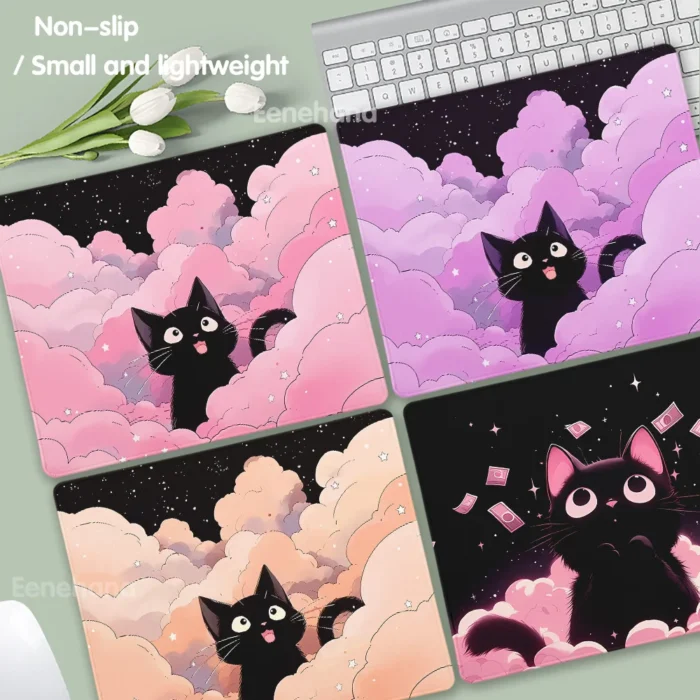 Black Cat Mousepad Small Office Computer Desk Mat Table Keyboard Clouds Kawaii Pad Laptop Cushion Non-slip Pink Decor Desk Pads - Image 2