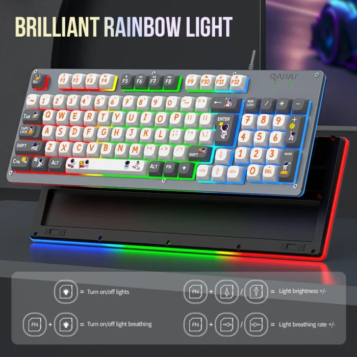 Mecha Style Gaming Wired Keyboard Mouse Set Rainbow Glow Backlit 98 Keys Metal Panel Laptop Desktop - Image 2
