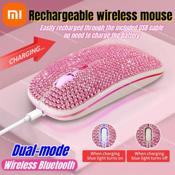 Xiaomi Rechargeable Mouse Silent Pink Diamond Inlaid Wireless Bluetooth Dual-mode Mouse Sparkling Crystal Mice Girl's Gifts New