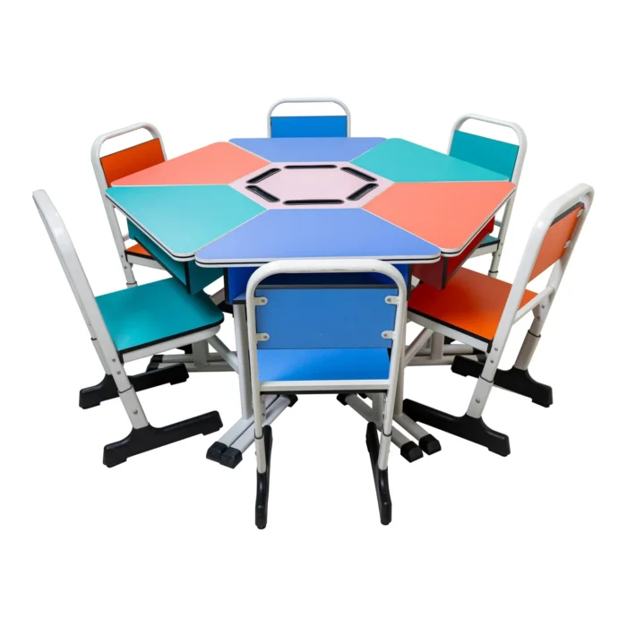 Round Shaped Table Laid Along With 6 Students Chairs Wood School Furniture Study 6 Seat 1 Seat School Desk And Chair - Image 6