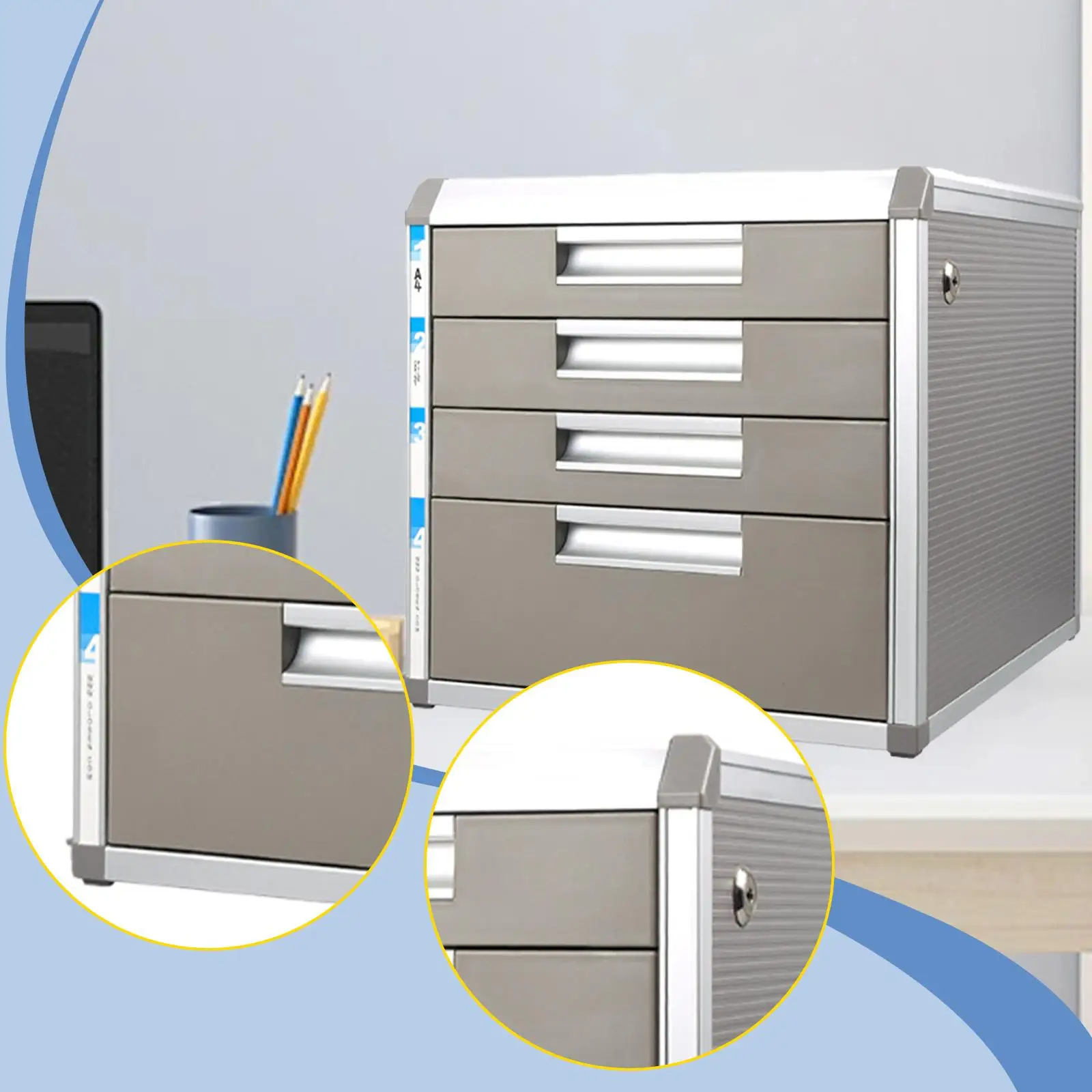 File Cabinet Filing Organizer Locking Desk Organizer with 4 Drawers for School Office Supply Home Study Working Accessories