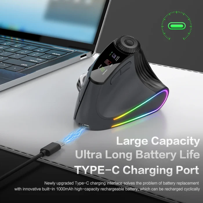 JOMAA Backlit Bluetooth Wireless Vertical Mouse With OLED Screen Rechargeable USB Wired Gaming Mouse 24000DPI Speed Roller - Image 4