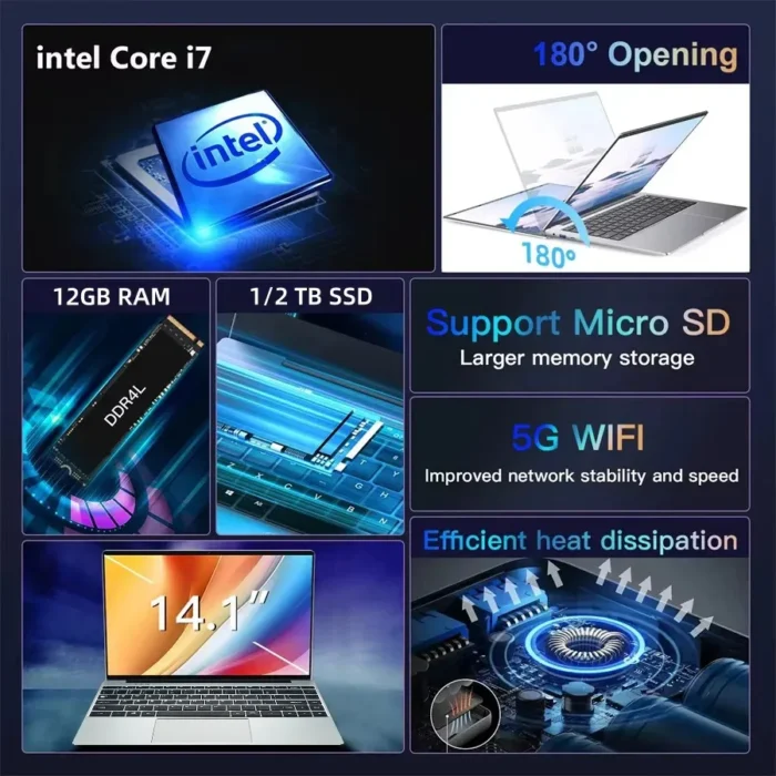 New Business 14.1 " Windows 11 i7 Laptops Intel CORE i7 7500U Notebook computer 12GB RAM 1TB/2TB SSD Office Study i7 Compute PC - Image 2