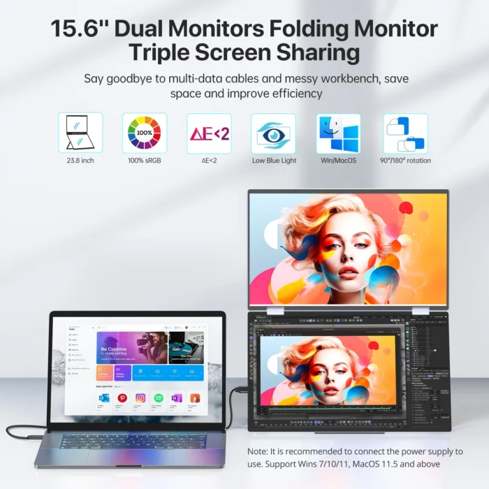 EVICIV Dual Stacked 15.6"Folding Monitor Triple Portable Display Bulit in Stand VESA Freely Adjust Screen OSD Menu for PC Window - Image 2