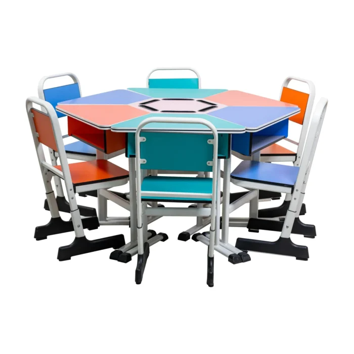 Round Shaped Table Laid Along With 6 Students Chairs Wood School Furniture Study 6 Seat 1 Seat School Desk And Chair - Image 2