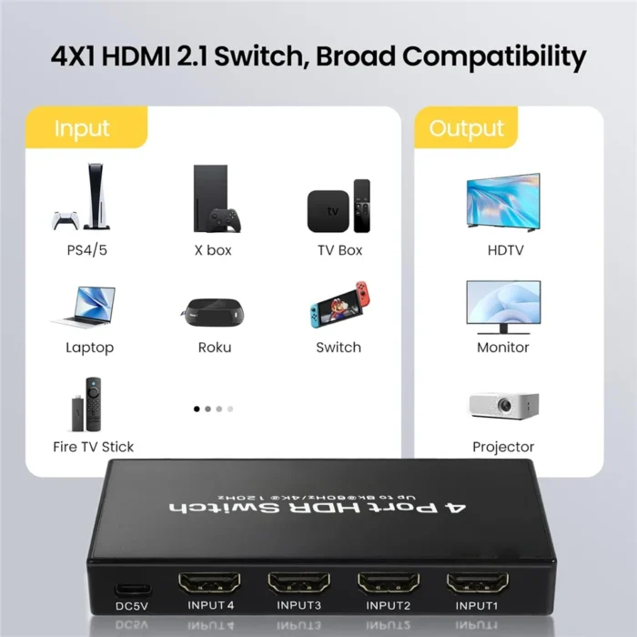 Navceker HDMI 2.1 Switcher 8K 60Hz 4K120Hz HDMI-compatible Switch 4 in 1 Out with Remote Control Converter For Xbox PS5 Monitors - Image 3