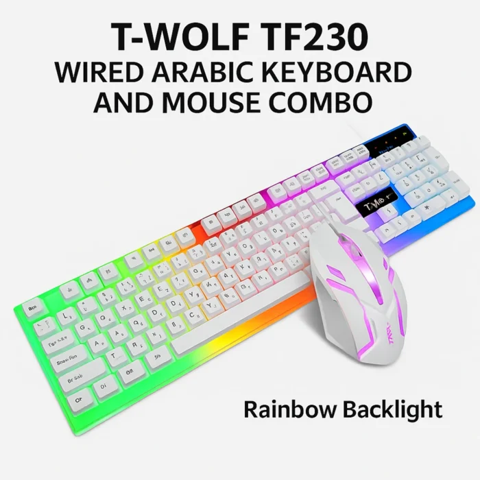 T-WOLF TF230 Wired Arabic Gaming Keyboard And Mouse Set/RGB Backlit/Mechanical Feel/Waterproof Design/USB