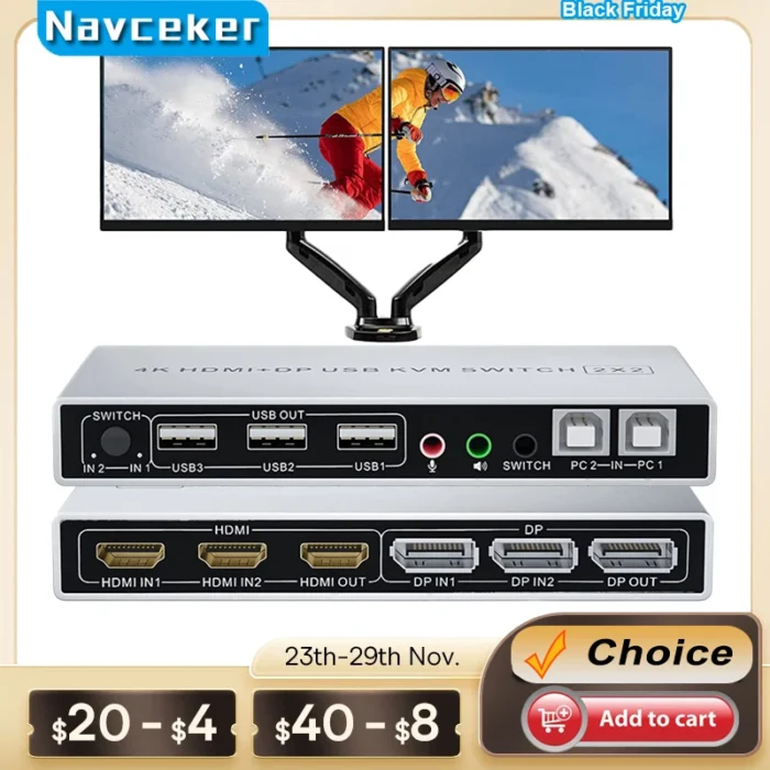 HDMI DisplayPort KVM Switch Dual Monitor 4K 60Hz 2x2 Mixed inputs DP HDMI KVM Switcher 2 Monitors 2 Computers for PC laptop Mac