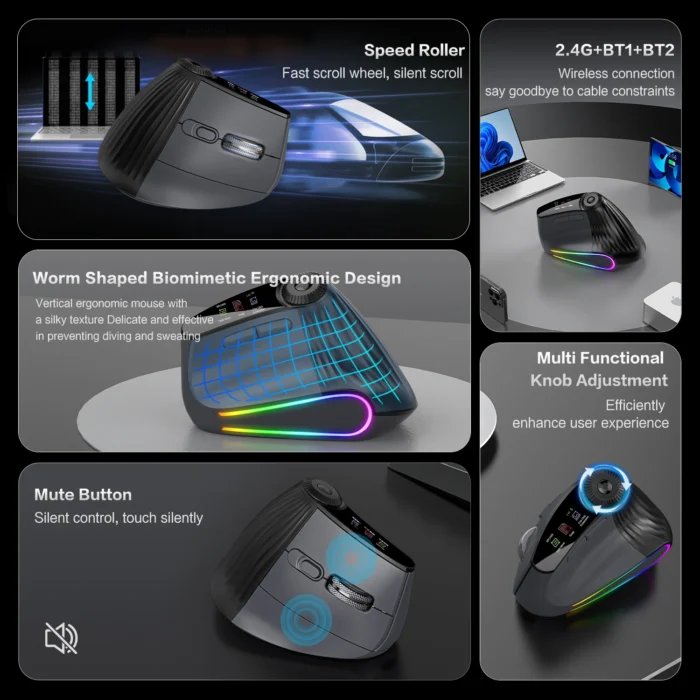 JOMAA Backlit Bluetooth Wireless Vertical Mouse With OLED Screen Rechargeable USB Wired Gaming Mouse 24000DPI Speed Roller - Image 5