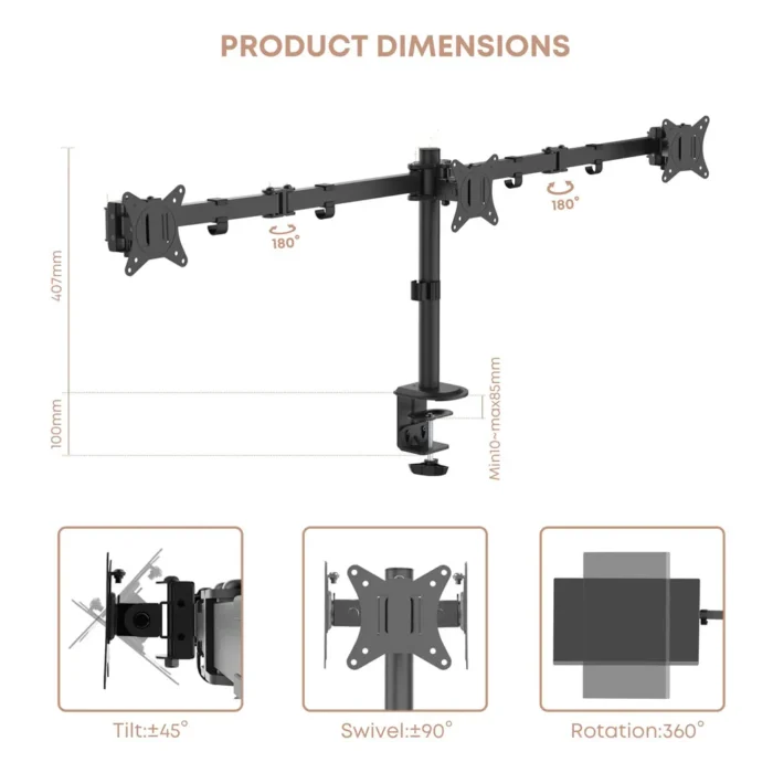 Triple Monitor Mount, Three Monitor Desk Mount Fits 13-27in Screens,Holds up to 22lbs, Multiple Monitor Stand with Tilt, Swivel, - Image 4