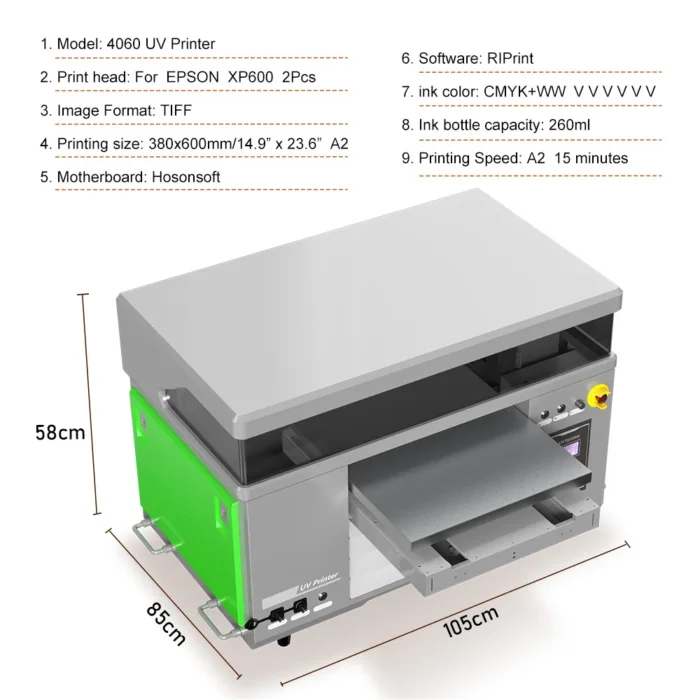 A2 UV Printer with Dual XP600 Printer Heads UV Flatbed Printer A2 UV Varnish Printer White Ink Stir A2 4060 UV Printing Machine - Image 2