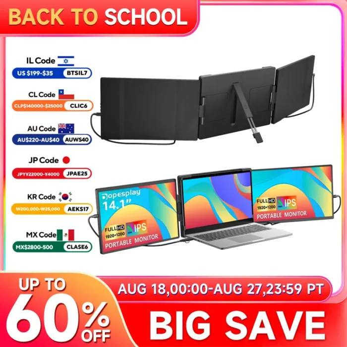 Dopesplay 14.1" Triple Portable Monitor For Laptop 1200P FHD IPS Screen Extender Type-C USB For PC Switch Mac Up to 17.3 Laptop