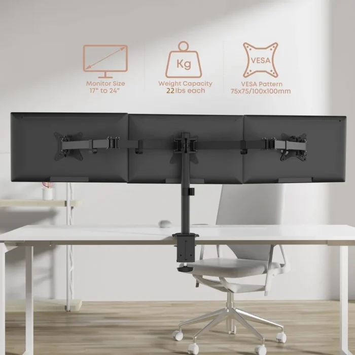 Triple Monitor Mount, Three Monitor Desk Mount Fits 13-27in Screens,Holds up to 22lbs, Multiple Monitor Stand with Tilt, Swivel, - Image 3