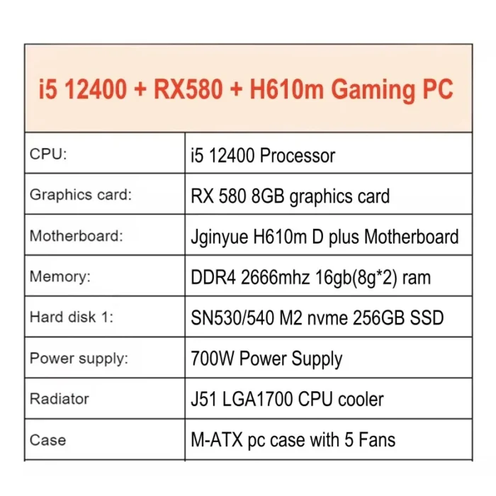 High Performance i5 12400 with 580 Gamer Gaming Pc Computers Desktop All in One Gaming Pc Desktop Computer H610m motherboard - Image 2