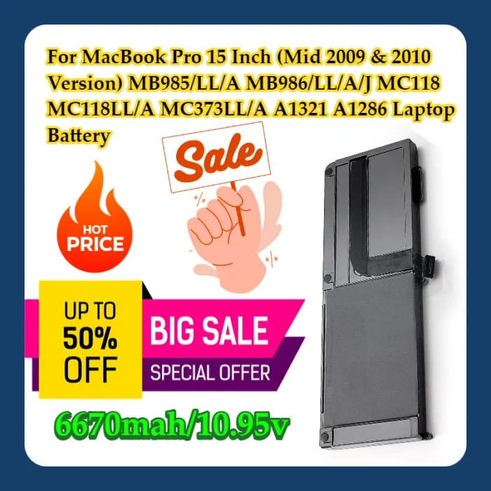 For MacBook Pro 15 Inch (Mid 2009 & 2010 Version)MB985/LL/A MB986/LL/A/J MC118 MC118LL/A MC373LL/A A1321 A1286 Laptop Battery