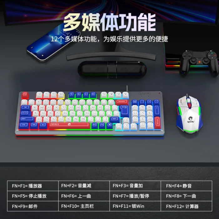 Mecha Style Gaming Wired Keyboard Mouse Set Rainbow Glow Backlit 98 Keys Metal Panel Laptop Desktop - Image 3