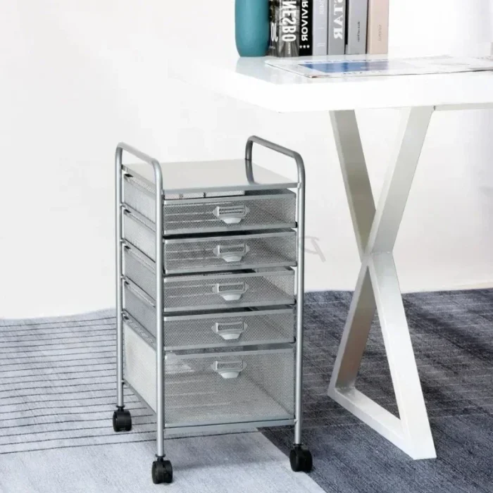 B-M A4-5/6 Layer Wrought Iron Mobile Filing Cabinet Trolley Under Table Storage Rack Metal Mesh Filing Rack