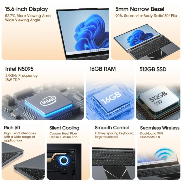 15.6" Ultra Slim Laptop 16GB RAM 512GB SSD Intel N5095 Notebook 1920*1080 FHD Screen Windows 10 Office Study Portable Computer - Image 2