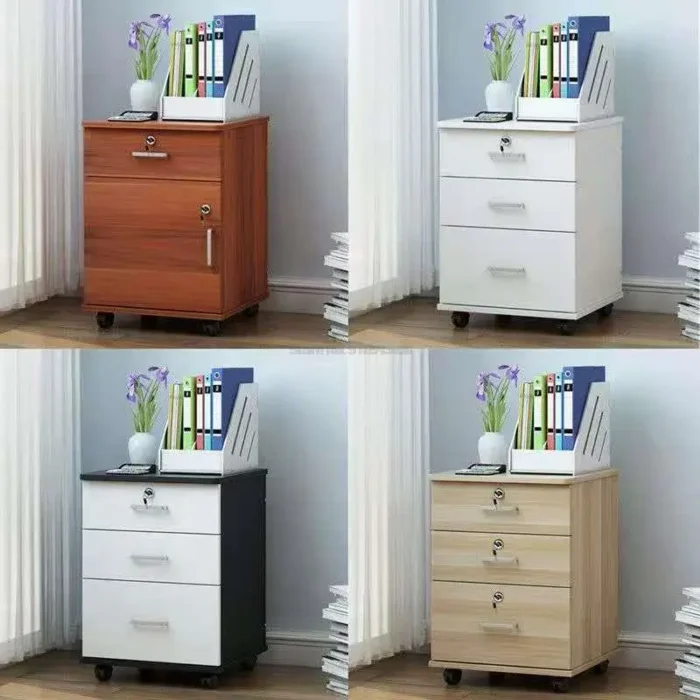 Floor Stand Wheel Design Movable File Organizer Office Supplies 3 Drawer Wooden Office Cabinet File Storage Cabinet with Lock