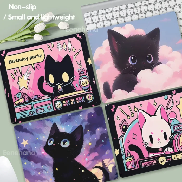Black Cat Mousepad Small Office Computer Desk Mat Table Keyboard Clouds Kawaii Pad Laptop Cushion Non-slip Pink Decor Desk Pads - Image 3